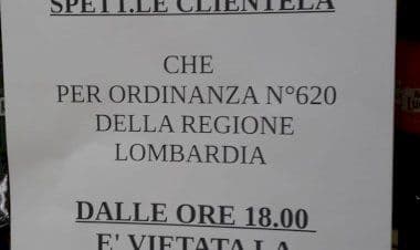 Regione Lombardia, divieto di vendita di bevande alcoliche dalle ore 18.00