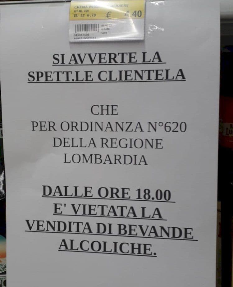 Regione Lombardia, divieto di vendita di bevande alcoliche dalle ore 18.00