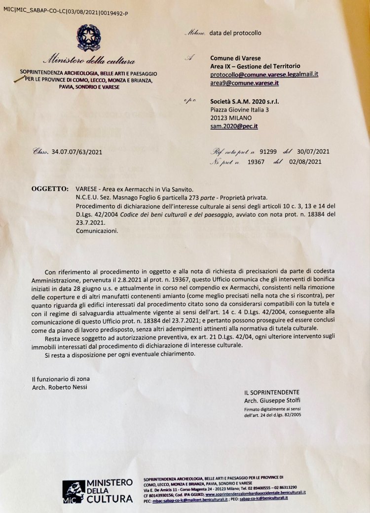 Varese, ex Aermacchi, la Soprintendenza conferma quanto chiesto dal Comune