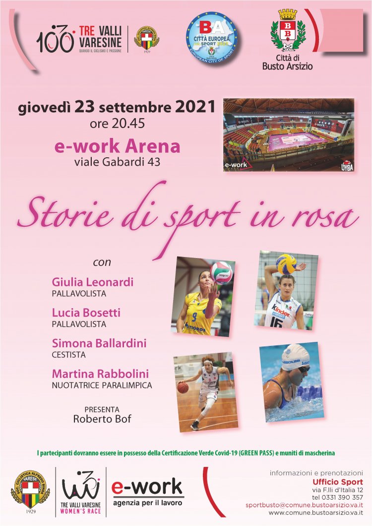 Busto Arsizio, "Storie di sport in rosa” alla e-work Arena  il 23/9